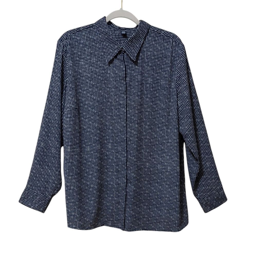 Chaps Geometric Print Semi Shear Blouse Navy 2X Polka Dot Collar Button Front